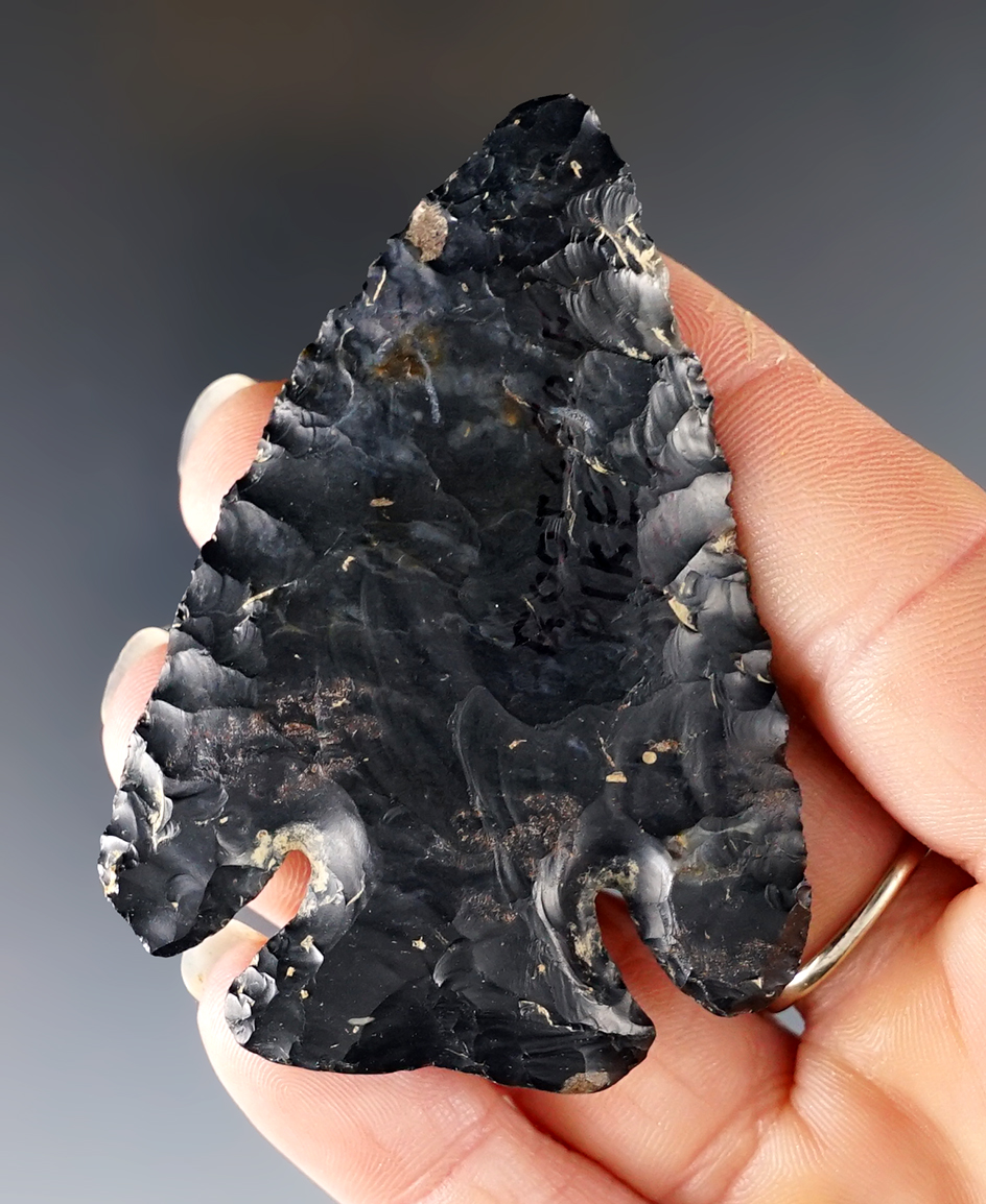 2 3/4" Archaic Deep Notch made from black Coshocton Flint. Found in Pike Co., Ohio. Ex. Dr. J. Knapp 