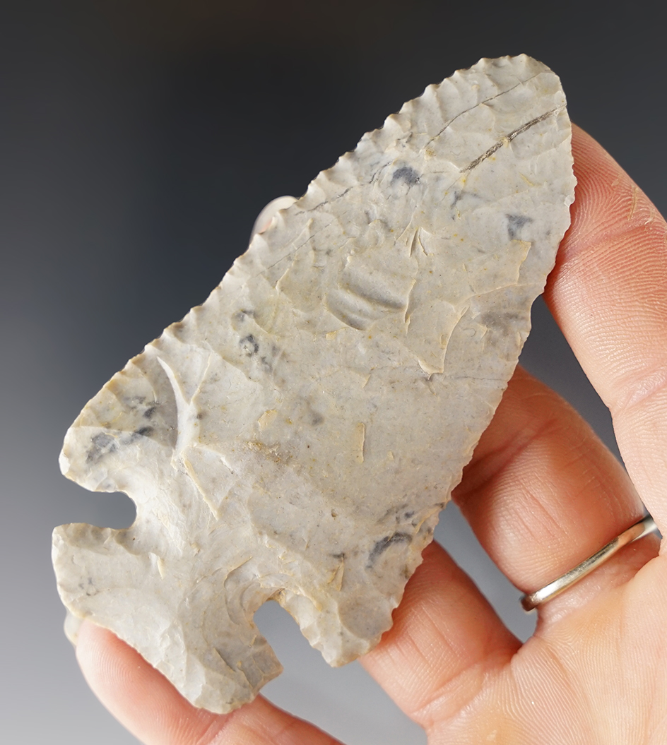 3 1/2" Archaic Thebes made from light gray and cream Coshocton Flint. Found in Champaign Co., Ohio.