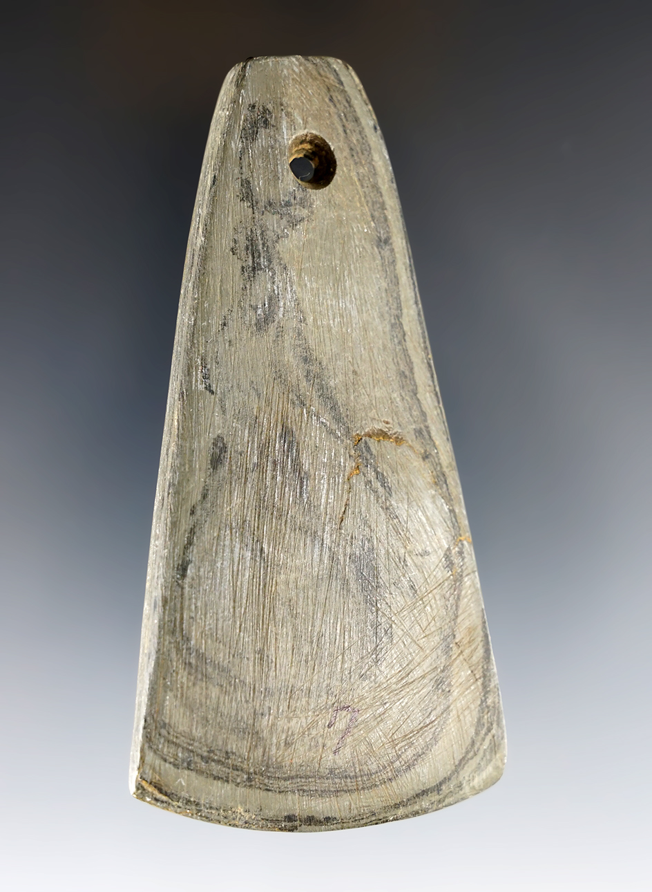 3 1/2" Hopewell Pendant made from green and black Banded Slate. Found in Lorain Co., Ohio. 