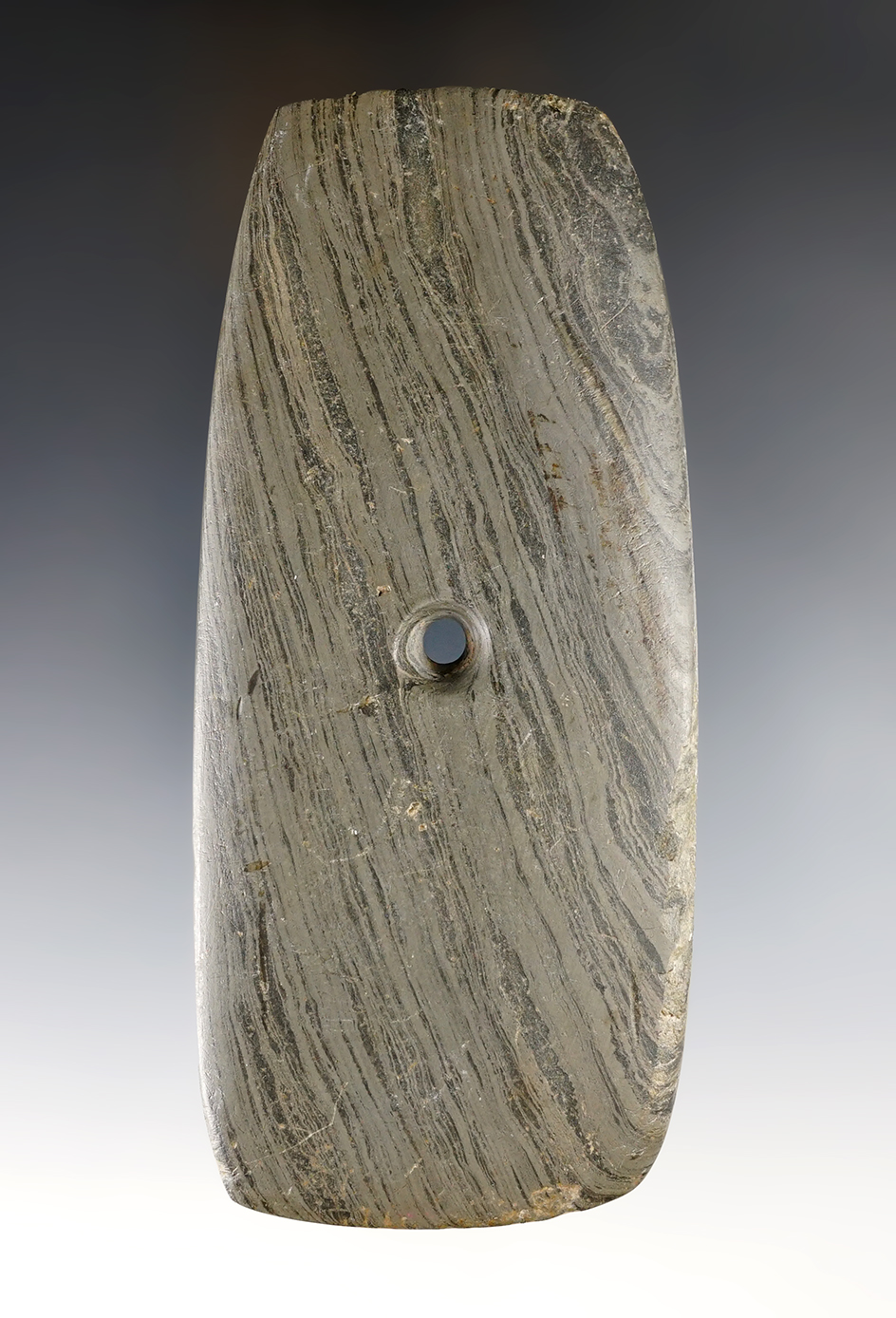 5 3/8" Adena Trapezoidal Pendant found  in Richland Twp., Logan Co., Ohio. Ex. Bob Converse.