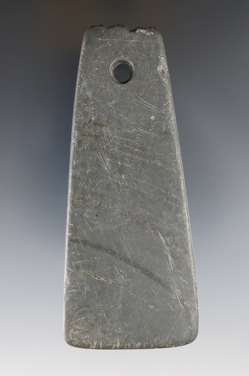 4 1/8" Hopewell Trapezoidal Pendant that is fringed at the top. Found in Hancock Co., Ohio. Pictured!