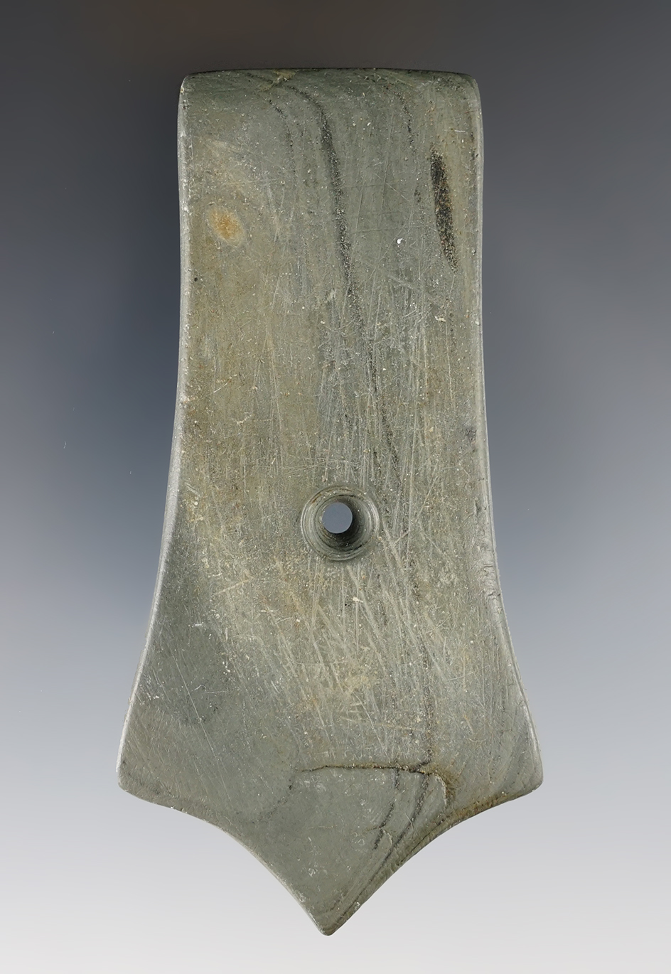 4" Late Hopewell Pentagonal Pendant made from green and black Banded Slate. Henry Co., Ohio 