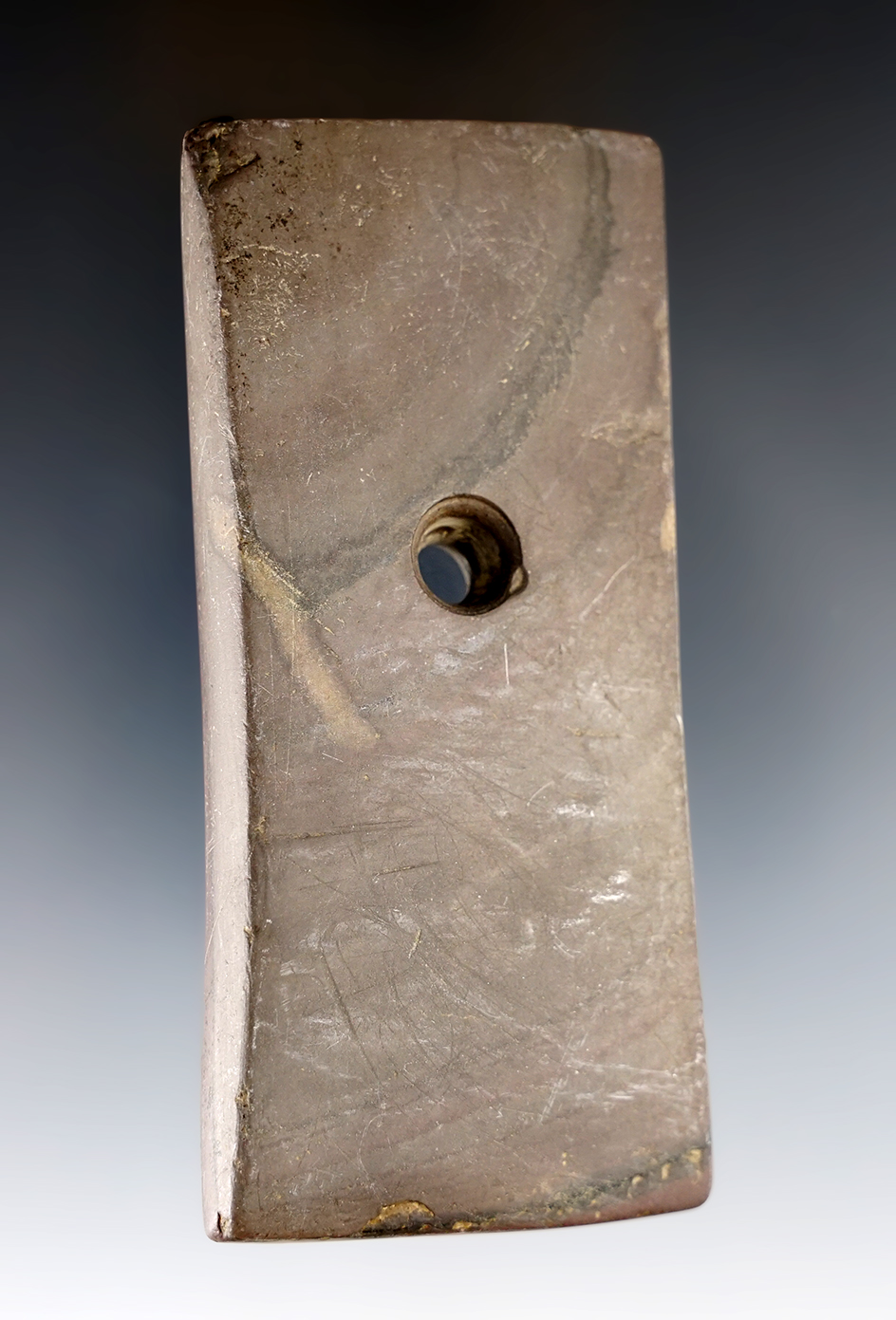 3 11/16" Adena Bell Pendant made from red and black Banded Slate. Found in northeast Ohio.