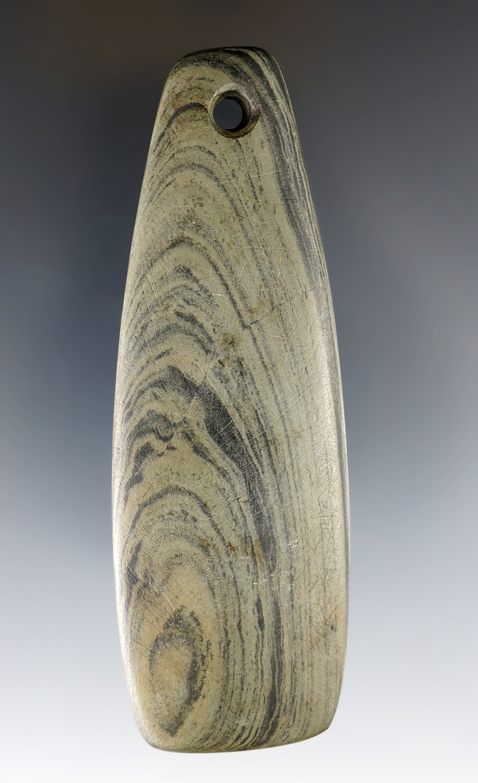3 15/16" Adena Trapezoidal Pendant made from green and black Banded Slate. Found in Stark Co., OH.