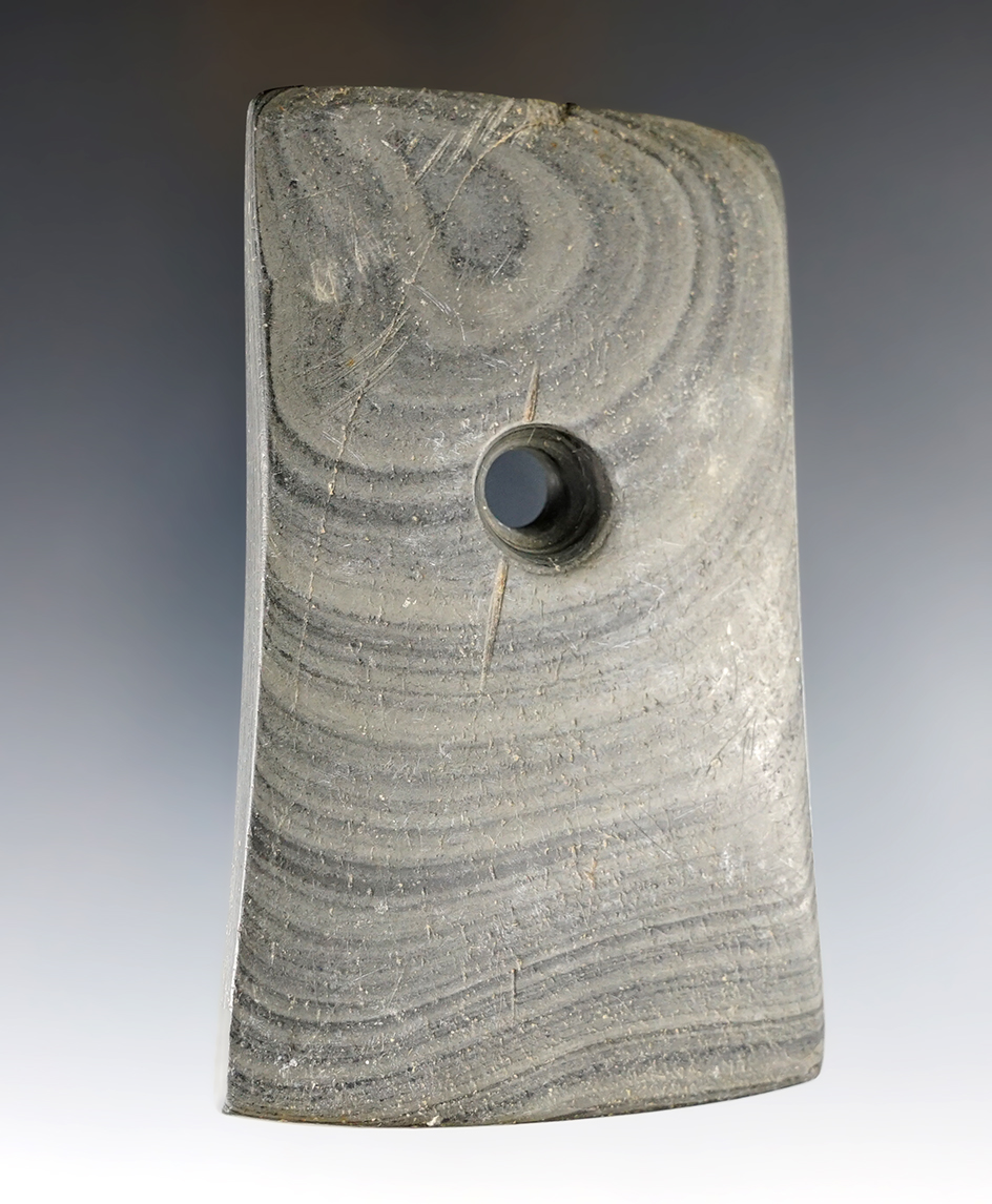 3 7/8" Adena Bell Pendant made from green and black Banded Slate. Found in Perry Co., Ohio. 