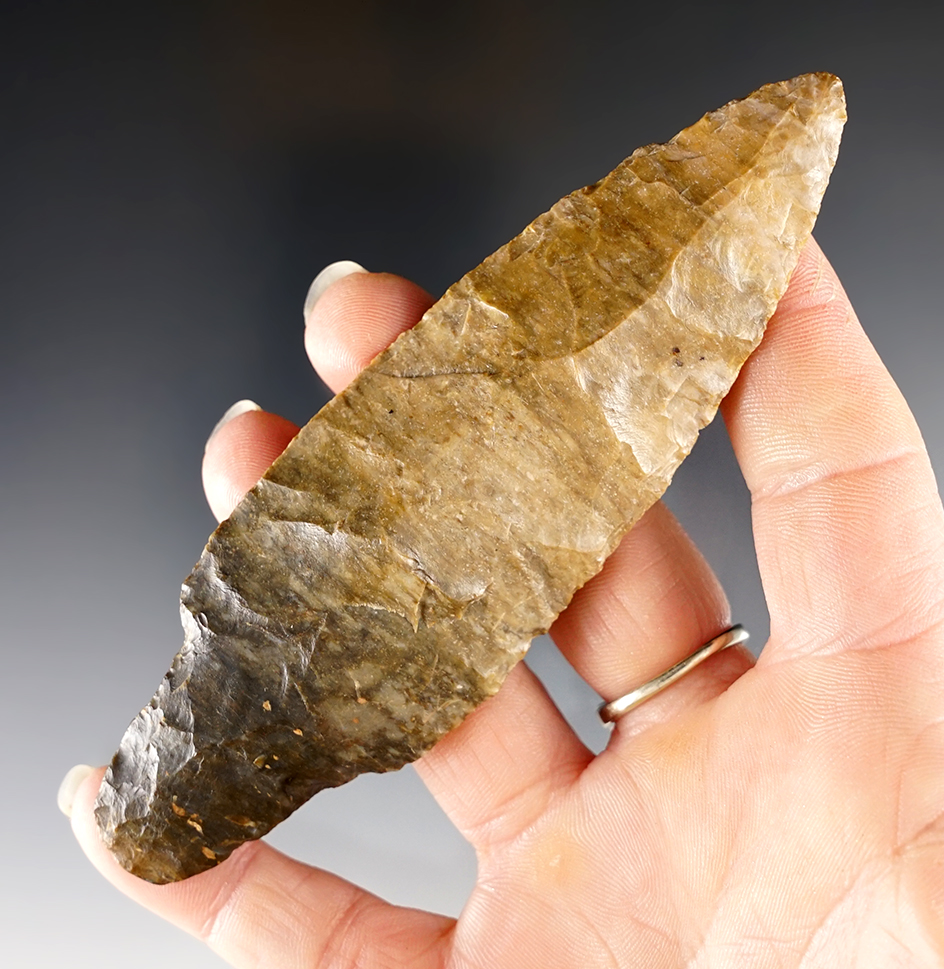 Nice material on this 4 3/4" Early Adena made from tan and black Coshocton Flint. Allen Co., Ohio. 