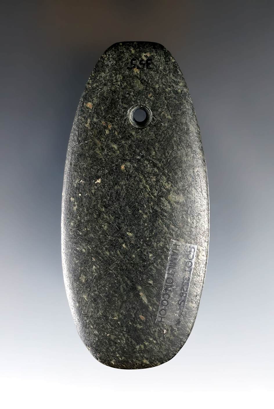 3 5/8" Hardstone Hopewell Ovate Pendant - Hamilton Co., Ohio. Ex. Cincinnati Historical Society.
