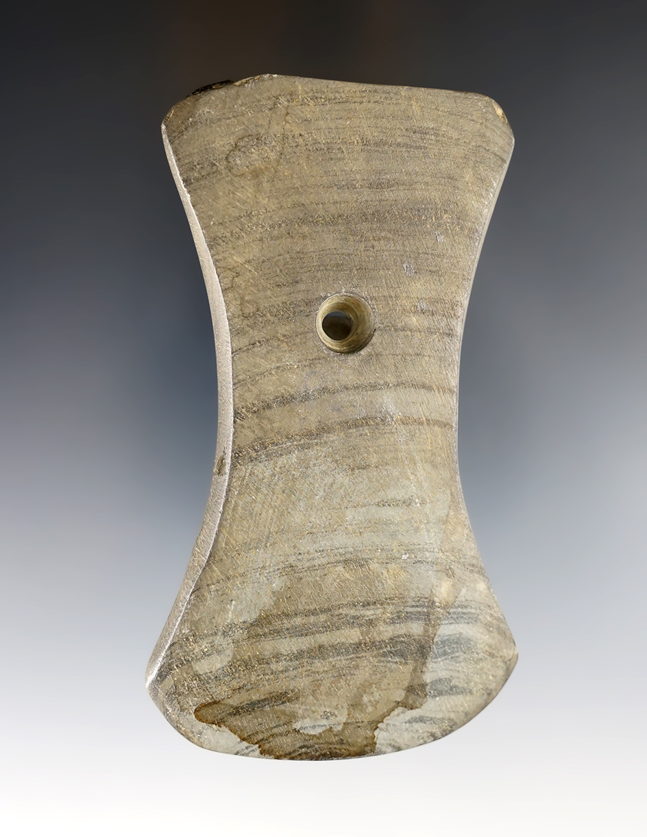 4 3/16" Adena Bi-Concave Pendant made from green and black Banded Slate. Franklin Co., Ohio. 