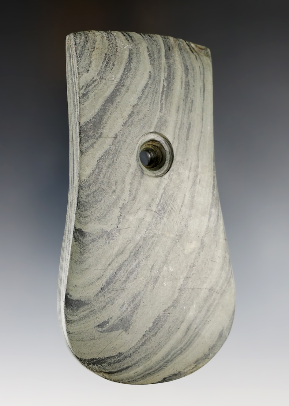 4 1/2" Adena Keyhole Pendant made from green and black Banded Slate.  Montgomery Co., Ohio. 