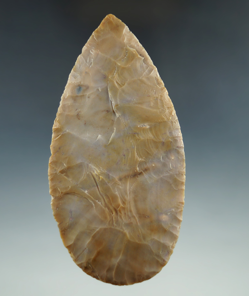 4 7/8" Adena Oak Shade Cache Blade - Flint Ridge Flint. Fulton Co., Ohio  Jack Hooks, John Berner.
