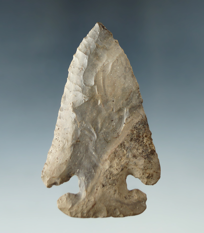 3 3/16" Archaic Thebes E-Notch found in Delaware Co., Ohio.  Ex. Dr. Stanley Copeland, Marion Bush.