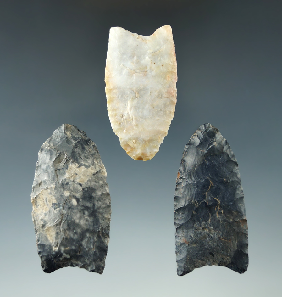 Set of 3 Paleo Clovis Points found in Ohio, largest is 2 1/8".