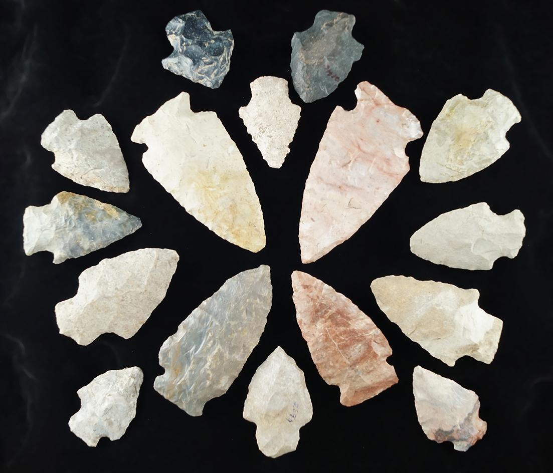 Set of 16 Assorted Ohio Arrowheads and Knives, largest is 2 5/8".