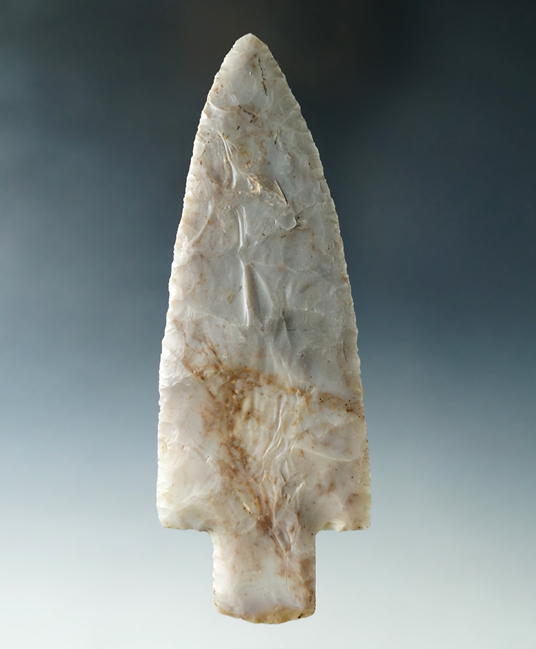 5 7/16" Late Adena - Flint Ridge Flint, Darke Co., Ohio. Thin for size and well flaked.