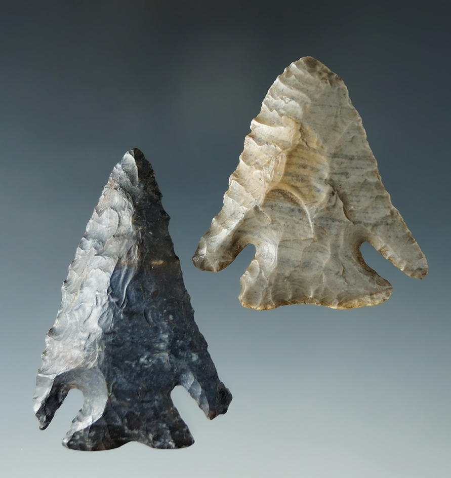 Pair of Archaic Cornernotch Points made from Upper Mercer Flint, largest is 2 1/4".