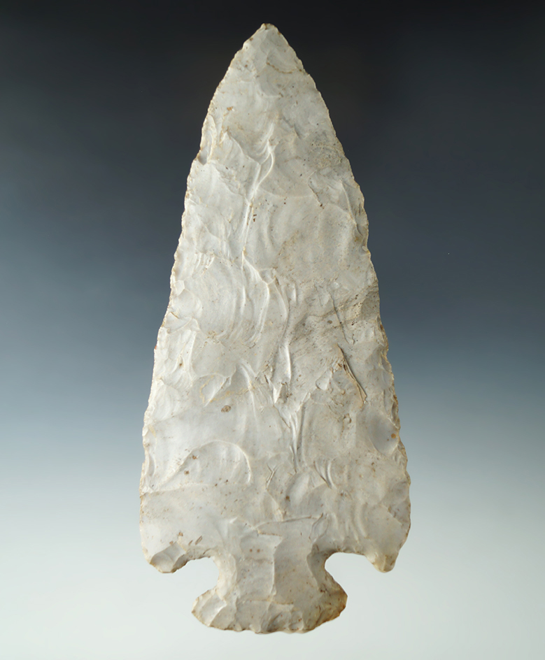 6 3/8" Hopewell made from cream Flint Ridge Flint, found in Ohio. Good mineral deposits on surface.