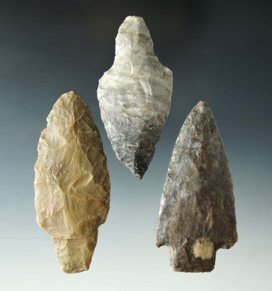 Set of 3 Adena Points found in Ohio and Michigan, largest is 3 1/4".