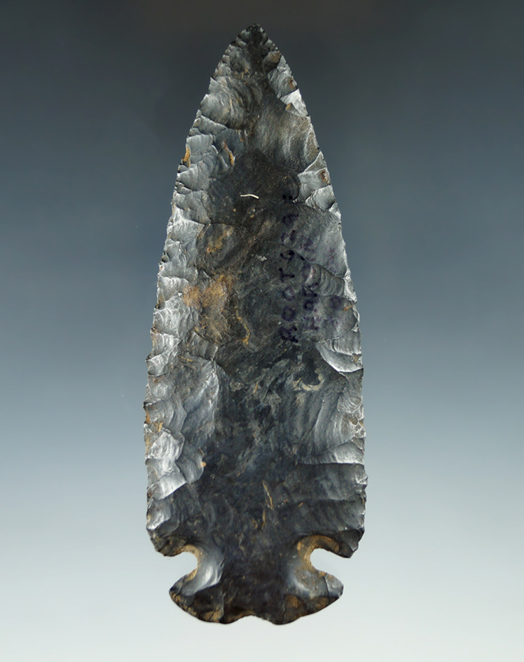 4 1/8" Archaic Notched Base Dovetail made from Coshocton Flint, found in Hardin Co., Ohio.
