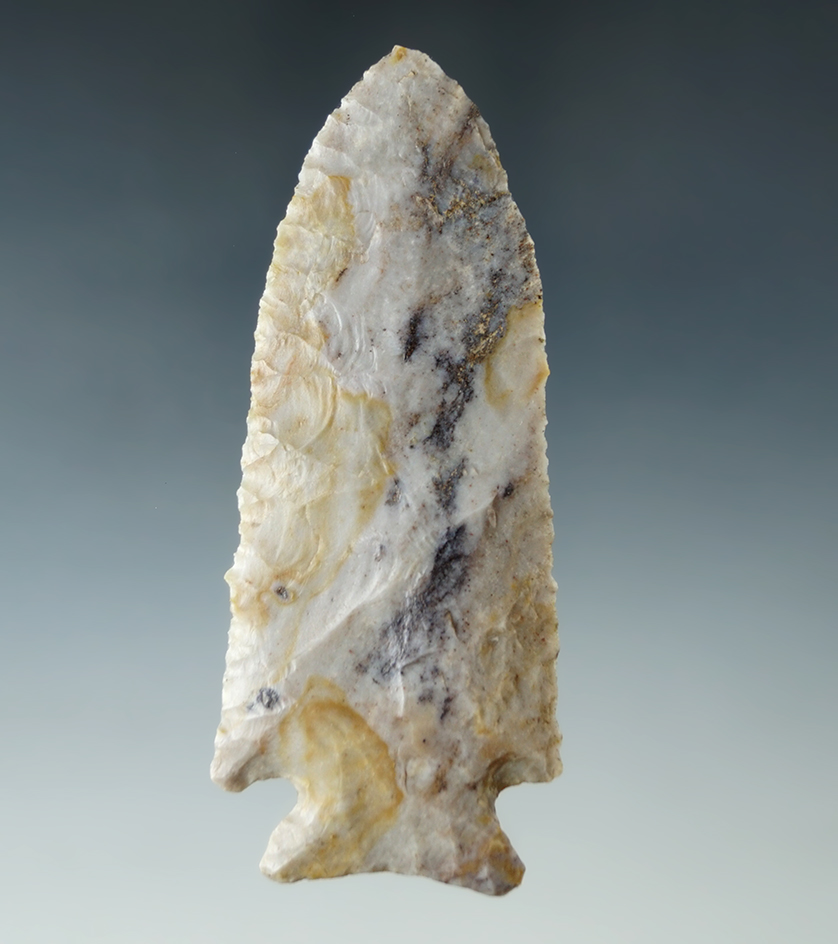 3 11/16" Archaic Stilwell made from cream, gold and black Flint Ridge Flint, found in Ross Co., Ohio