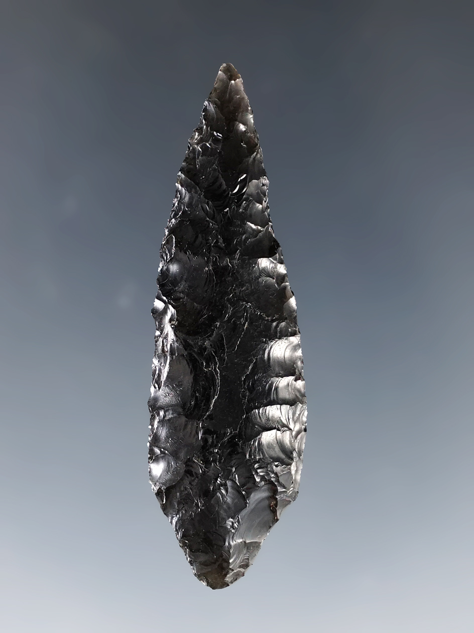 Excellent flaking on this 2" obsidian Leaf Point found in southern Oregon.
