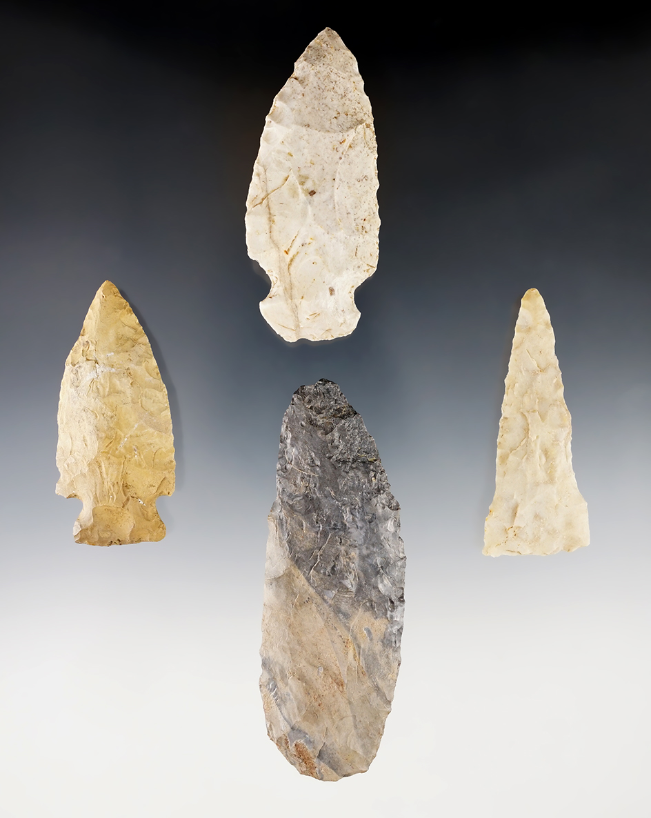 Set of 4 nice points found by John Durig in Coshocton Co., Ohio. The largest is 3 13/16".