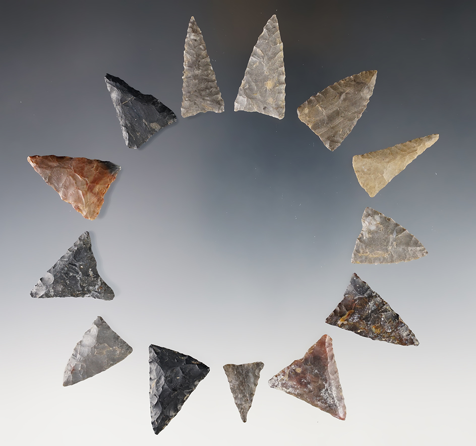 Group of 12 Mississippian Triangle Points recovered in southern Ohio. Largest is 1 1/4".