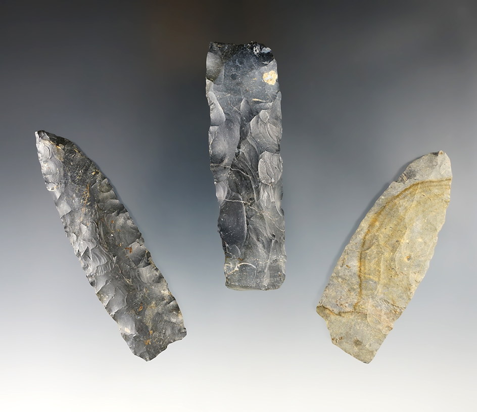 Set of 3 nice Paleo Blades found in Ohio. The largest is 3 3/8".