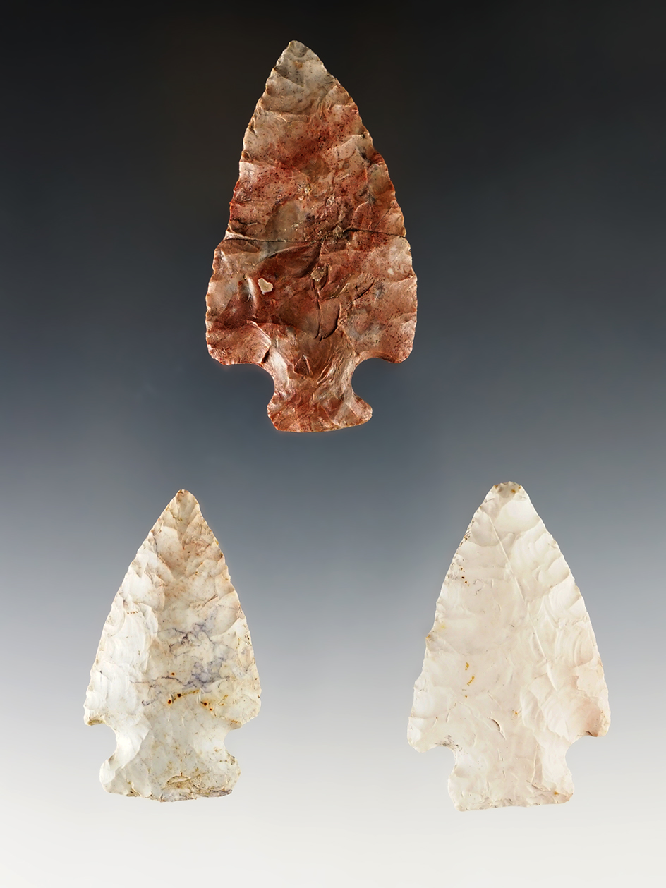 Set of 3 nicely made Flint Ridge Points. The red Bottleneck is broken and glued. Licking Co., Ohio. 