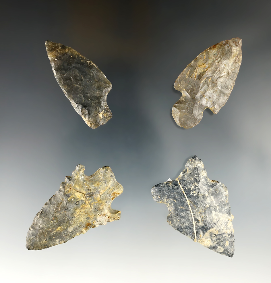 Set of 4 well made Points found in Madison Co., Ohio. Ex. Shipley collection.  The largest is 2 1/8".