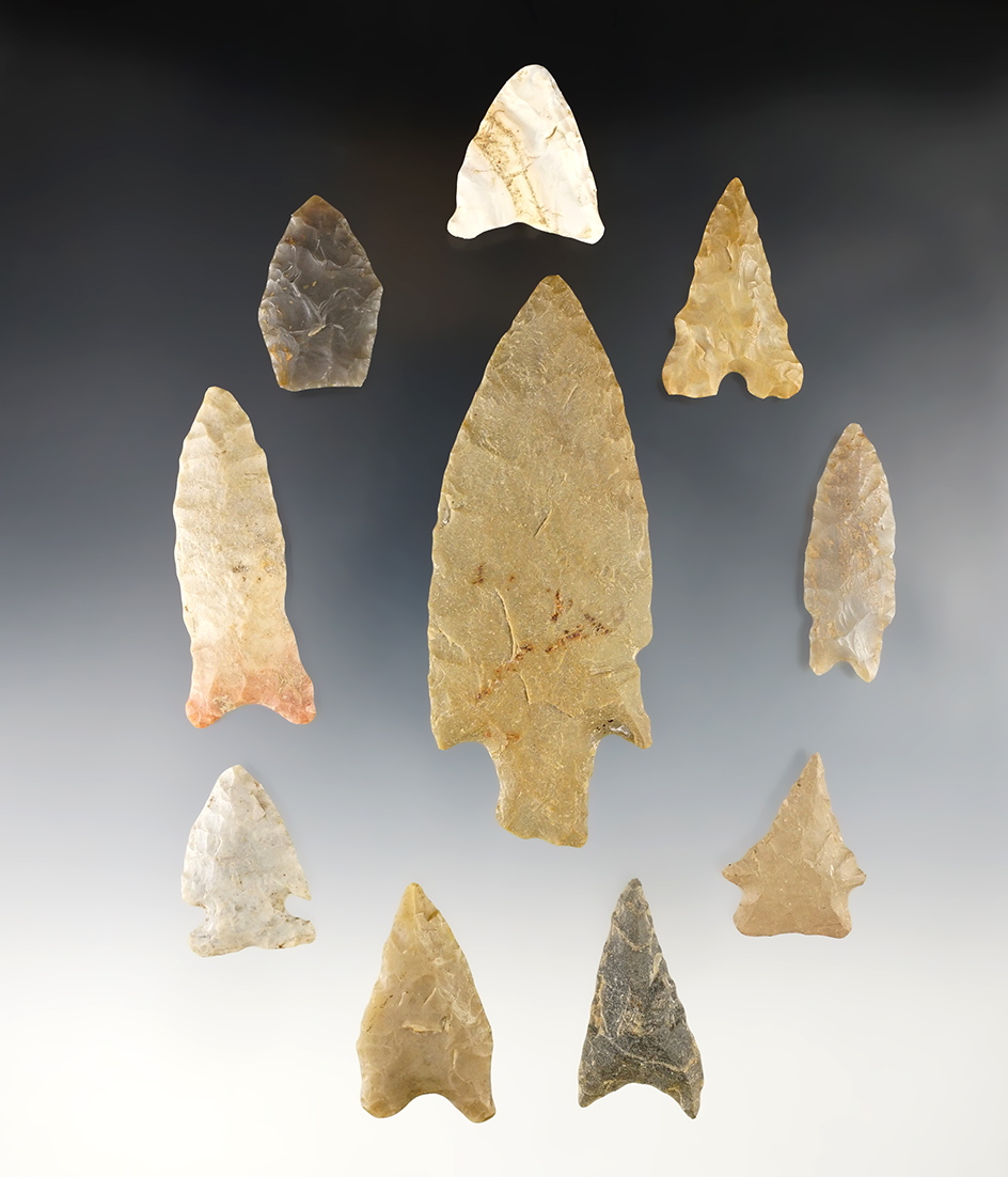 Set of 10 nice Midwest Points. Ex. Bill Likens collection. The largest is 3 11/16".