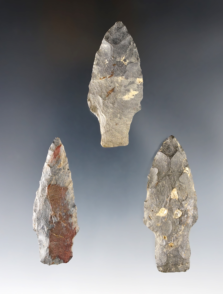 Three Archaic Kaiser Points made from Nellie Chert. Largest is 2 3/8". Coshocton Co., Ohio.