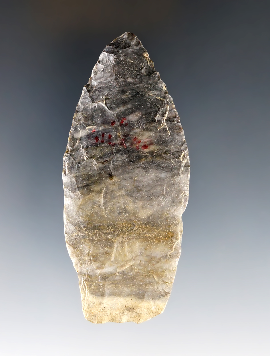 Classic 3 1/8" Paleo Stemmed Lanceolate with nice grinding to the stem area. Madison Co., Ohio. 