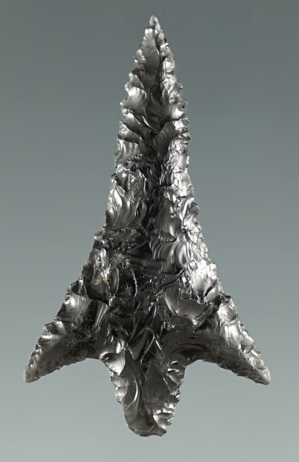 1 3/8" Columbia Plateau with nice serrations made from Obsidian.  Found in the Great Basin, Oregon.