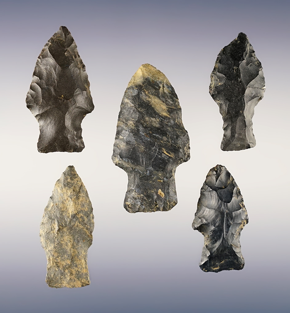 Set of 5 rare Paleo Kaiser points made from Coshocton Flint. From assorted Ohio counties. 