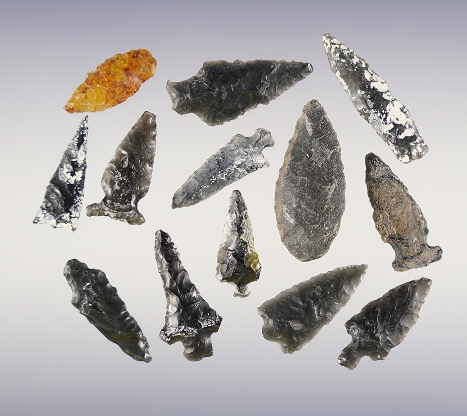 Set of 13 assorted points found in the 1960's in Oregon. The largest is 1 1/2".