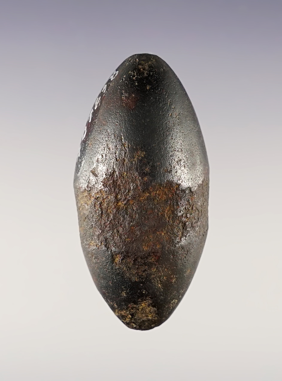 1 7/8" center grooved Plummet made from Hematite. Found in the Ohio area.