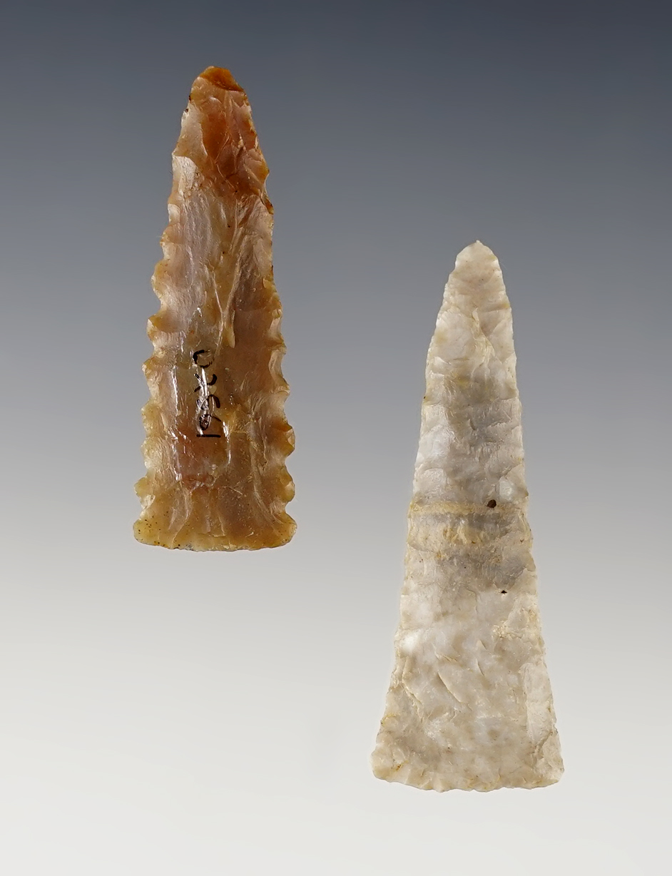 Pair of fine Ft. Ancient Triangles found in Ohio. One is serrated. The largest is 1 15/16".