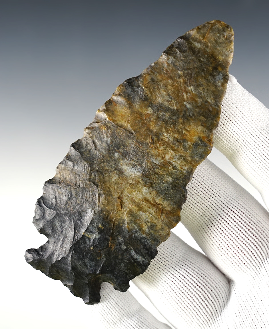 4 3/16" Stilwell made from black, gray and tan Coshocton Flint. Found in Ross Co., Ohio.