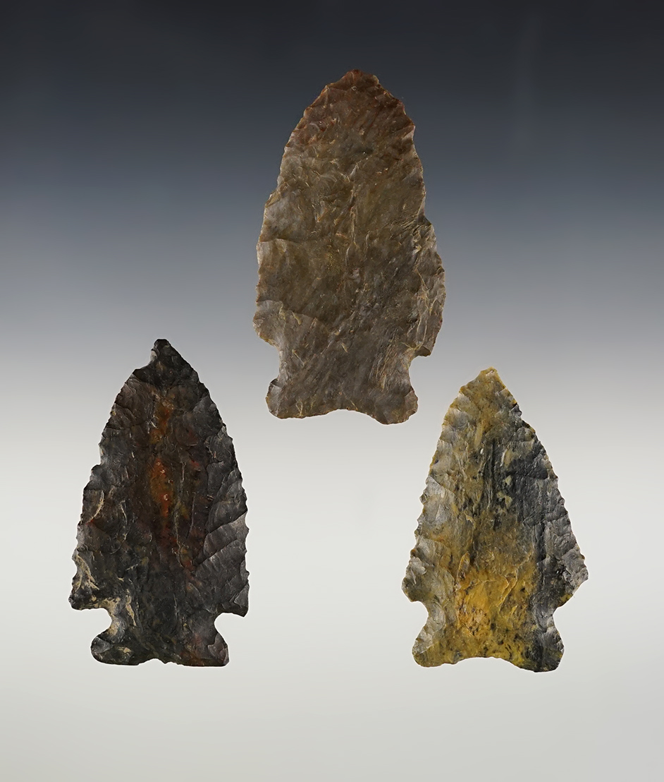 3 nice Ohio Archaic Corner-notched points. One found by Jerry Halley in the 1950's in Clark Co.