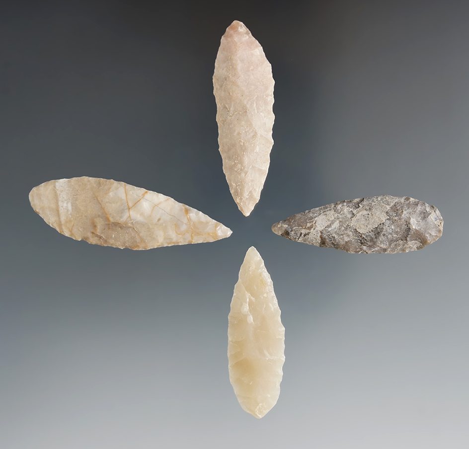 Set of four nicely flaked Nodena points found in Texas and Arkansas.