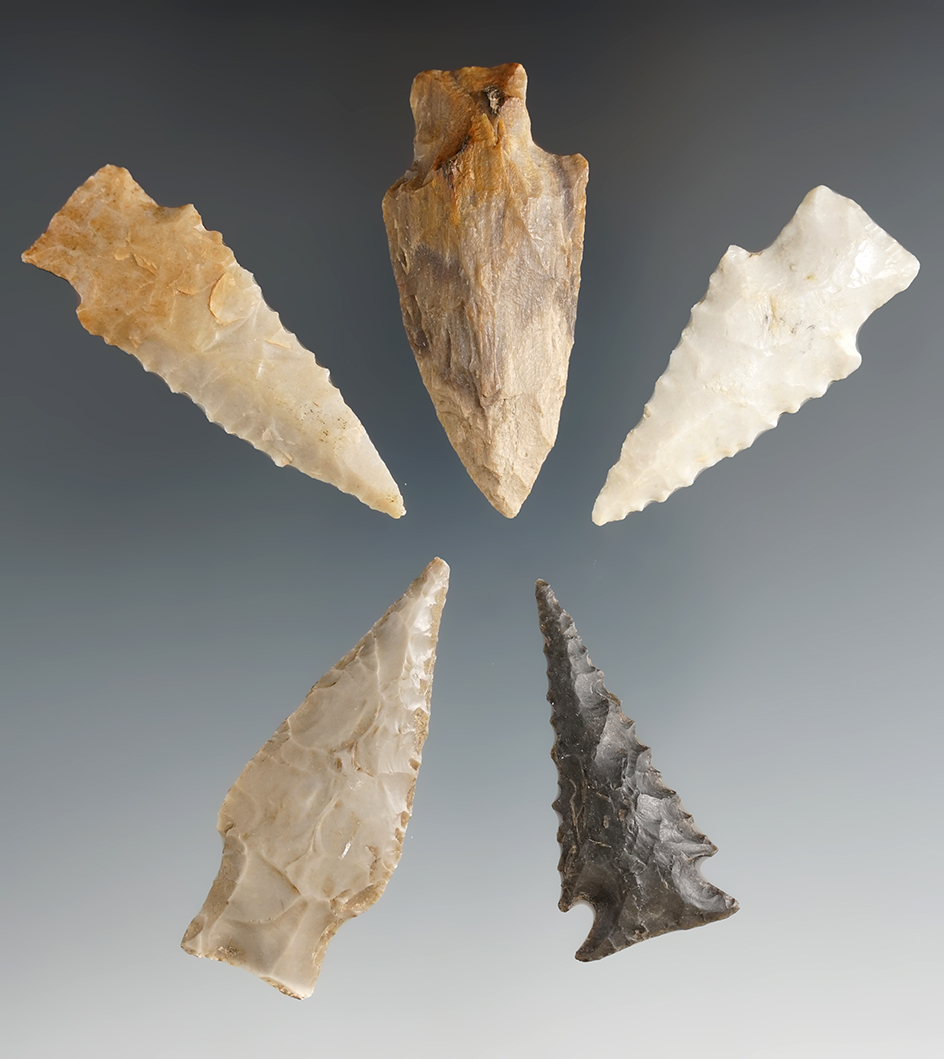 Set of five assorted Texas points, largest is 2 5/16".