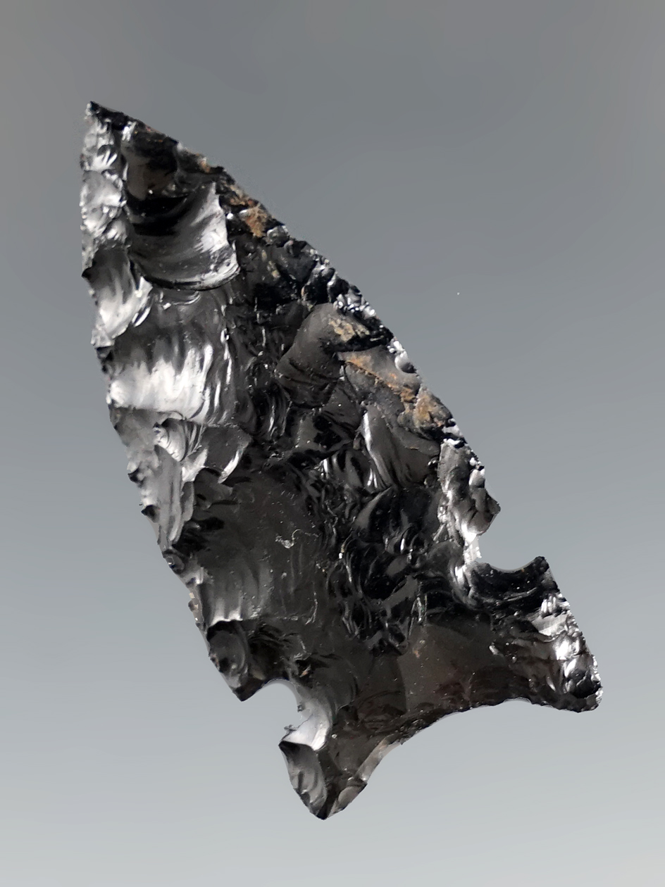 1 9/16" Northern Sidenotch made from Obsidian, found in Harney Co., Oregon. Bennett COA.