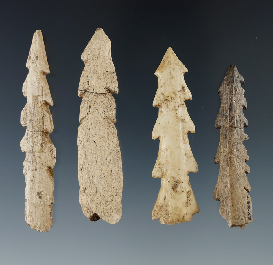 Set of four Bone Harpoon Tips found in New York, largest is 2 11/16" Ex. Howdy Lang.